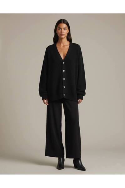 LWL Oversize Kalın Örgü V Yaka Düğmeli Bol Kesim Kazak Hırka