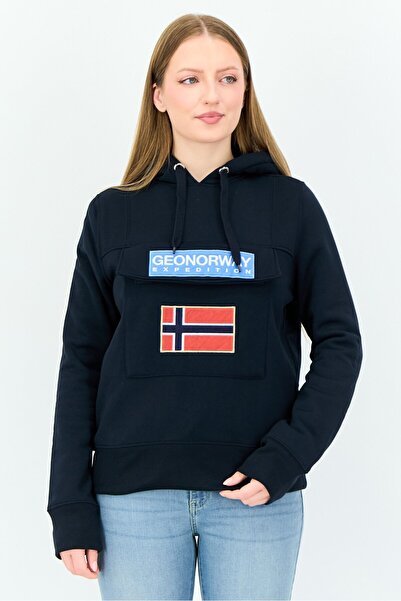 Geographical Norway هودي نسائي بأكمام طويلة وشعار مطرز، أزرق داكن