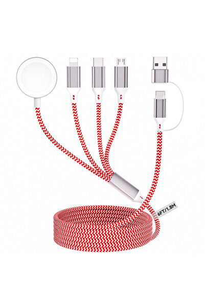 Choice سلك مضفر أحمر بطول 1.8 متر، 4 في 2، متوافق مع أجهزة آيفون وأندرويد، لشحن الساعات - منفذ USB-A ومنفذ Type-C، متعدد الأغراض