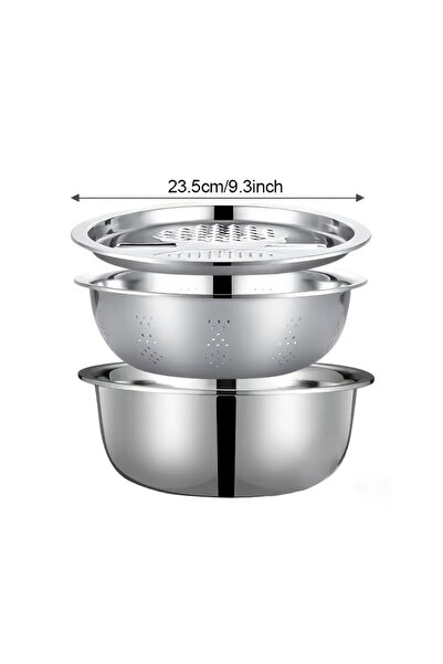 Choice طقم مطبخ فضي مكون من 3 قطع مع وعاء خلط متعدد الوظائف من الفولاذ المقاوم للصدأ وقطاعة خضروات - مناسب