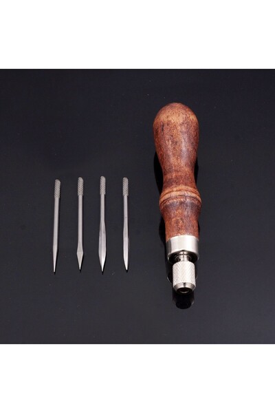 Choice مخرز خياطة جلدي بني 4 في 1 بمقبض خشبي، مناسب للخياطة على الجلد والقماش.