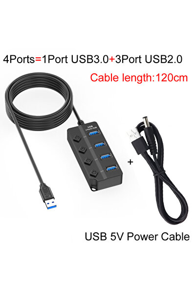 Choice محول طاقة USB 3.0 بأربعة منافذ بطول 120 سم، موزع متعدد المنافذ (4/7 منافذ)، مفتاح توسيع USB، محول بطول 30 سم