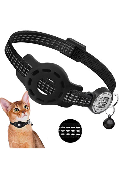 Choice طوق أسود للقطط مزود بنظام تحديد المواقع العالمي (GPS) وعلامة رمز الاستجابة السريعة (QR Code) وحافظة علامة عاكسة، بدون جهاز تتبع (Airtag).