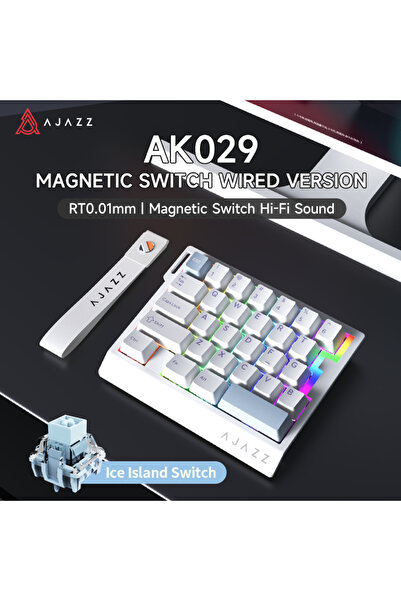Ajazz لوحة مفاتيح ألعاب سلكية بيد واحدة AK029، لون أبيض ثلجي وأزرق، بمفاتيح مغناطيسية HE، 29 مفتاحًا، إضاءة RGB بتردد 8000 هرتز كحد أدنى
