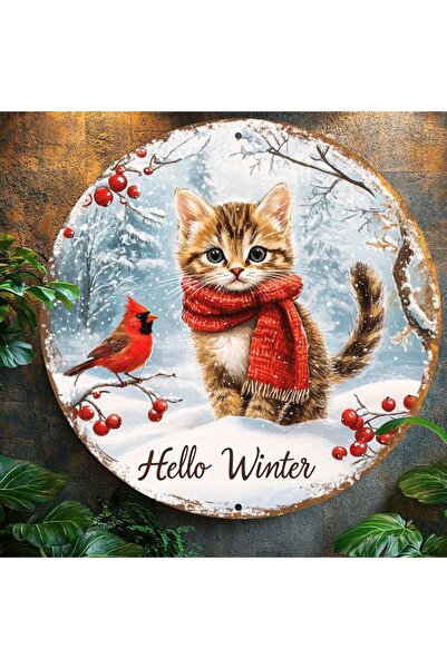 Miniso Round 20X20CM 2D Flat, 1pc Vintage Christmas Cat & Cardinal Aluminum W...