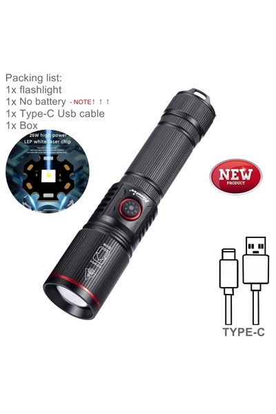 Choice مصباح يدوي أسود اللون، بدون بطارية، مزود بخاصية التكبير، بقوة 20 واط، يعمل بتقنية LED، عالي الطاقة، قابل لإعادة الشحن عبر منفذ USB، للاستخدام الخارجي، قوي وفعال.