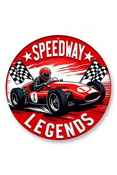 Choice لوحة معدنية دائرية حمراء بتصميم حلبة سباق كلاسيكية مقاس 20×20 سم (8×8 بوصة) - مزينة بعلم مربّع وخوذة عتيقة.