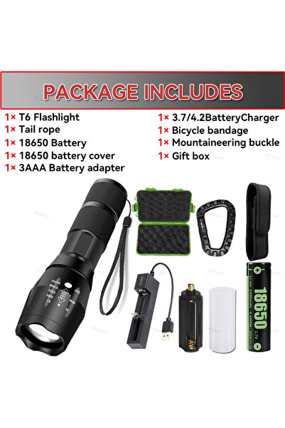 Heinast مصباح يدوي أسود T6 مع علبة، عالي الطاقة، مزود بتقنية LED، مناسب للتخييم، بخمسة أوضاع إضاءة، قابل للتكبير، مصنوع من الألومنيوم.