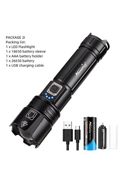 Choice مصباح يدوي أسود H38-26650 بقوة 30 واط مزود بخاصية التكبير XHP70 LED، و...