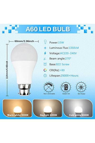 Choice مصابيح LED بيضاء باردة 6000 كلفن 15 واط، 4 قطع، تعمل بجهد 220-240 فولت...