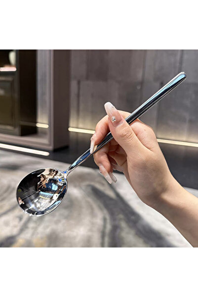 Choice ملعقة فضية سميكة من الفولاذ المقاوم للصدأ على الطراز الكوري، بمقبض طويل مبتكر، مناسبة لأطباق الهوت بوت والشوربة.