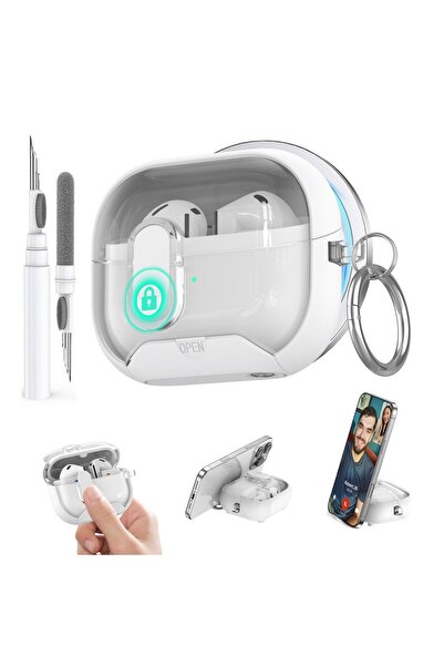 Choice جراب قفل آمن أبيض اللون لسماعات Galaxy Buds 3 مع قلم، متوافق مع Buds 3/3Pro، مزود بحامل للهاتف، يوفر حماية فائقة.