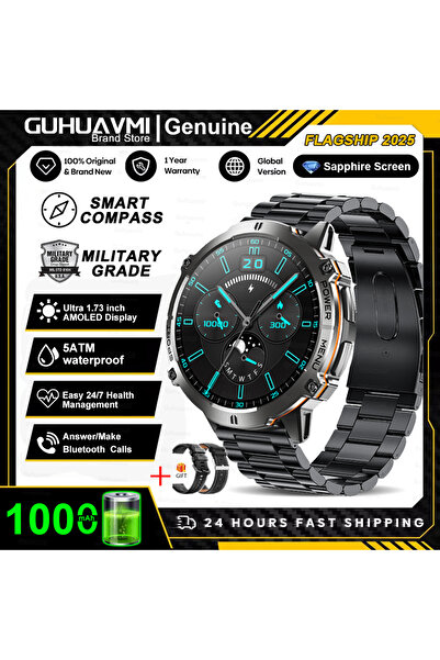 Choice ساعة ذكية سوداء فولاذية أصلية، مزودة ببطارية 1000 مللي أمبير، مقاومة ل...