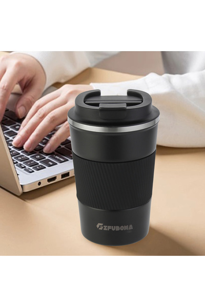 Choice ترمس قهوة أسود سعة 301-400 مل، غطاء مانع للتسرب من الفولاذ المقاوم للص...