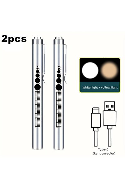 Choice مصباح يدوي صغير 2 في 1 LED فضي اللون - قطعتان، قابل لإعادة الشحن عبر منفذ USB، للاستخدام الطبي، يُستخدم في الإسعافات الأولية للعين.