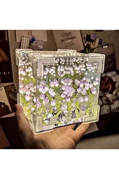 Choice مصباح مكعب مرآة على شكل زهرة توليب بنفسجية، مصنوع يدويًا، مصباح طاولة لغرفة النوم، زهرة محاكاة، زهرة توليب