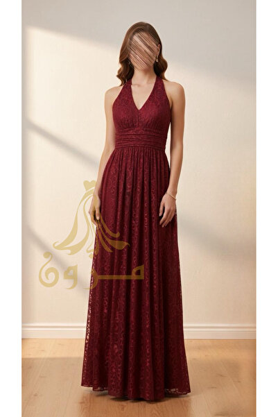 MEZON FASHION Burgundy lace dress with a tie neck design