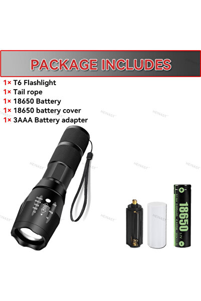 Heinast black T6 with Battery kit High Power T6 LED Flashlights Camping Torch 5 Light Modes Zoom Light Alumi