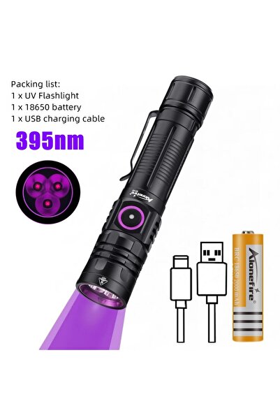 Choice مصباح يدوي LED فوق بنفسجي عالي الطاقة، قابل لإعادة الشحن عبر منفذ USB، مزود ببطارية 18650، 3x365nm/395nm، 3x395nm-18650