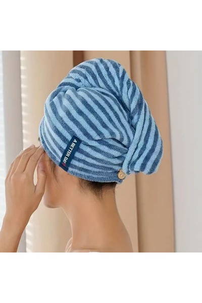 Choice منشفة تجفيف شعر من الألياف الدقيقة مخططة باللون الأزرق، سريعة الجفاف، ...