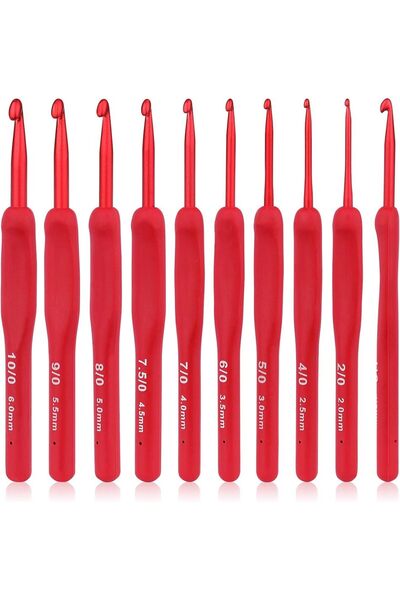 Choice1 مجموعة إبر خياطة حمراء مكونة من 9 قطع بمقابض سيليكون وألومنيوم، خطافا...