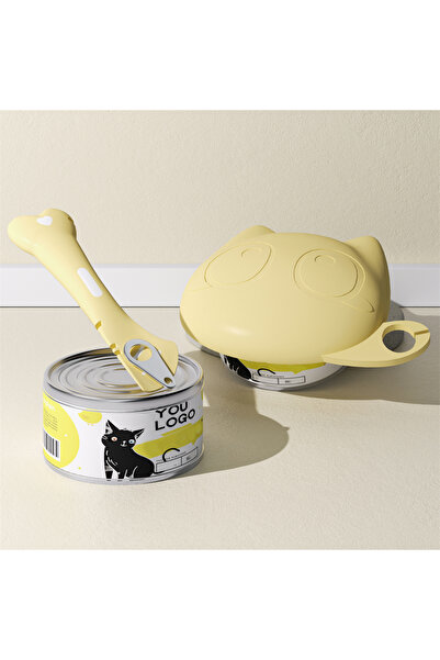 Choice طقم غطاء وملعقة من السيليكون الأصفر لعلبة طعام القطط، مغرفة متعددة الو...