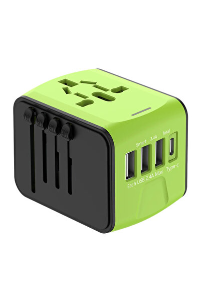 Choice محول طاقة عالمي أخضر للسفر، يعمل بجهد 100-250 فولت تيار متردد، مزود بـ 3 منافذ USB ومنفذ Type-C واحد لأجهزة الكمبيوتر الشخصية.