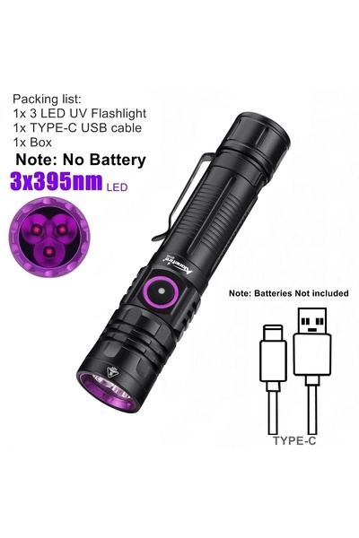 Choice مصباح يدوي LED فوق بنفسجي عالي الطاقة، قابل لإعادة الشحن عبر منفذ USB، مزود بـ 3 مصابيح LED بطول موجي 395 نانومتر (3x365 نانومتر/395 نانومتر)، بدون بطارية. مناسب للقطط والكلاب والحيوانات الأليفة.