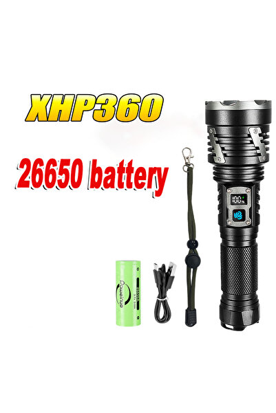 Choice مصباح يدوي LED فائق القوة XHP360 مزود ببطارية 26650، قابل لإعادة الشحن عبر منفذ USB، يعمل ببطارية 26650 فائقة الطاقة.