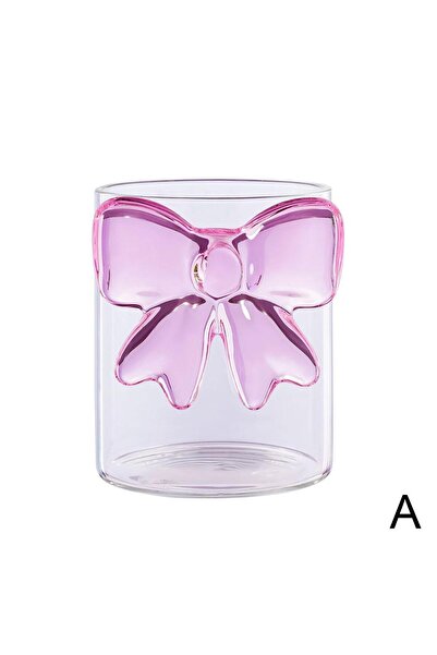 Choice كوب حليب/قهوة/عصير شفاف من زجاج البوروسيليكات عالي الجودة، مقاوم للحرارة، سعة 301-400 مل، مزين بفيونكة وردية.