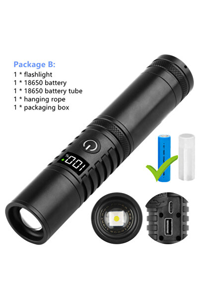 Choice مصباح يدوي ZOOM أسود مزود ببطارية 18650 عالية الطاقة ومصباح LED طويل المدى مع منفذ شحن من النوع C