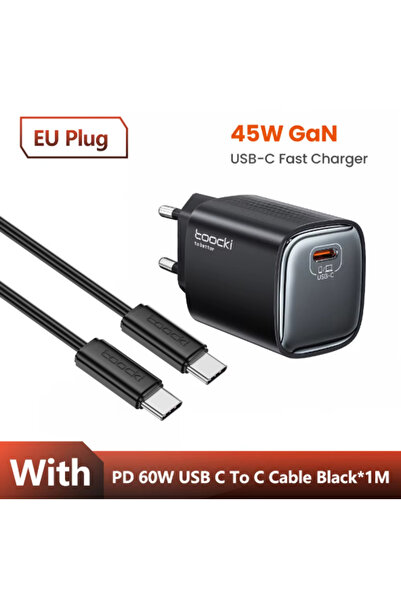 Toocki شاحن USB GaN أسود اللون، مزود بكابل، يدعم تقنية الشحن السريع PD بقوة 4...