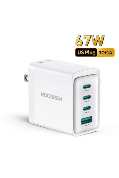 Choice شاحن روكورين 67 واط GaN أبيض أمريكي، 4 في 1 متعدد المنافذ، شحن سريع، م...