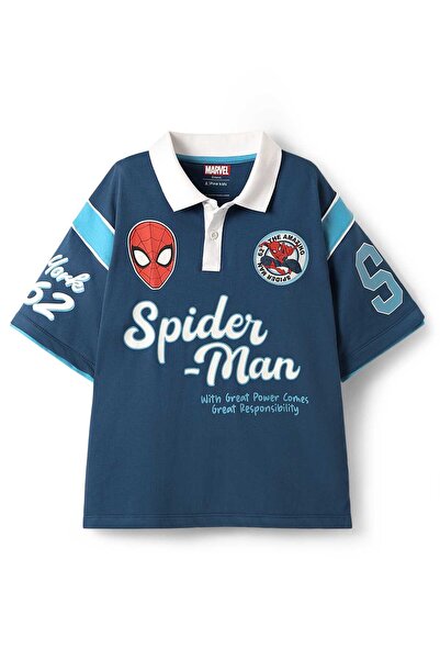 Pine Kids Marvel قميص بولو بأكمام نصف منسدلة مزين برسومات سبايدرمان - أزرق داكن