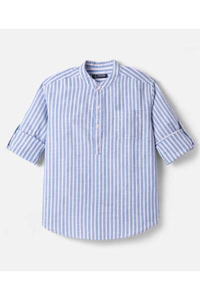 Pine kids Cotton Woven Full Sleeves Mandarin Collar Shirt With Stripes - Blue