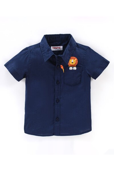 Babyhug 100% Cotton Woven Half Sleeves Solid Shirt with Lion Pocket Print - Navy Blue