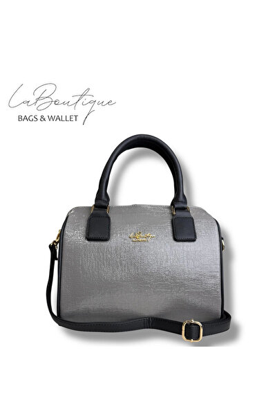 LA BOUTIQUE حقيبة LB 2508 من الجلد اللامع باللون الرمادي والأسود