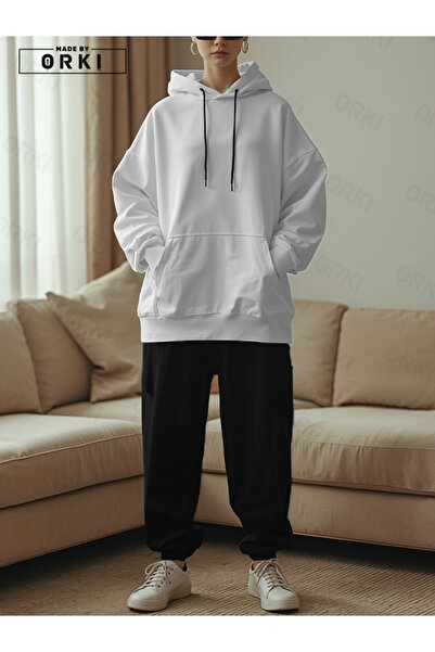 EFFRENATU Unisex Λευκό Oversize Hoodie & Μαύρο Σετ Φόρμας Jogger