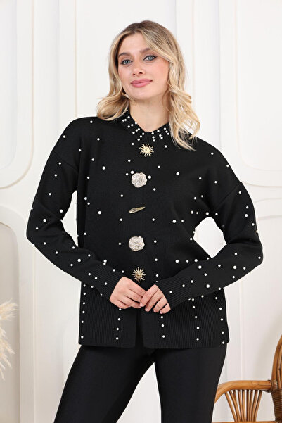 H&E LUXURY DESIGN فستان نسائي أنيق بأزرار كبيرة ونقشة لؤلؤية مع فتحة