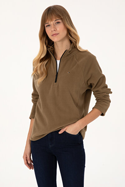 U.S. Polo Assn. Women's Light Khaki Zippered Mock Neck Fleece Sweatshirt 50316714-Vr183