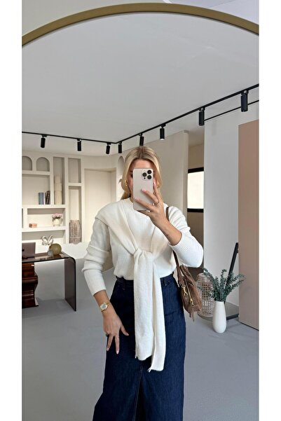 Sezgi Tekin Ecru Knit Sweater with Shawl Detail