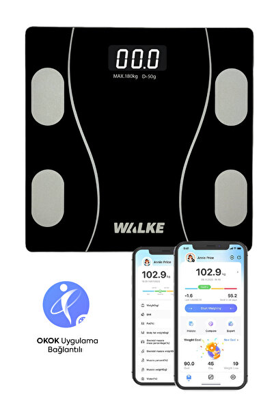 Walke Premium Seri Dijital Baskül Yağ Su Kas Vücut Kitle Endeksi Kilo Ölçer Tartı 30 * 30 Cm Siyah