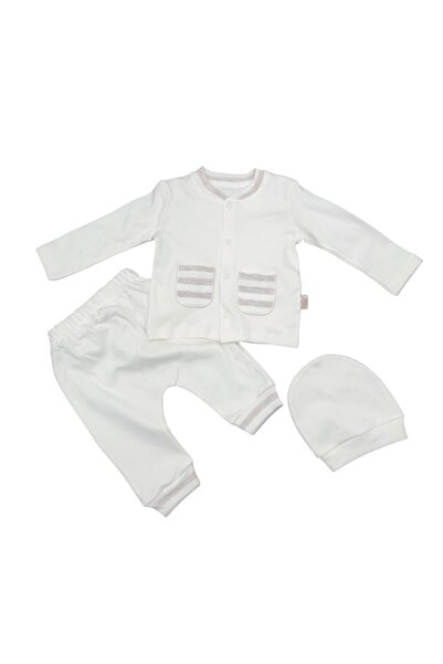 Baby day طقم مواليد قطن 3 قطع أبيض – جاكيت وبنطال وقبعة