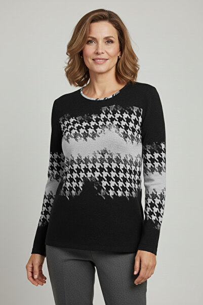 YXL COLLECTION بلوزة نسائية كبيرة الحجم قماش قابل للتمدد برقبة دائرية ونقشة هاوند تايت ناعمة للأمهات