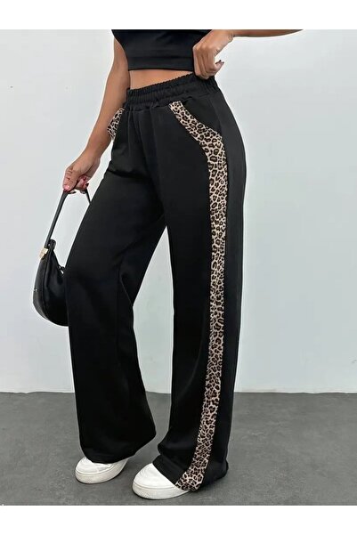 Kanonik Education Women's High Waist Lace up Side Leopard Patterned Viscose Two Thread Trousers