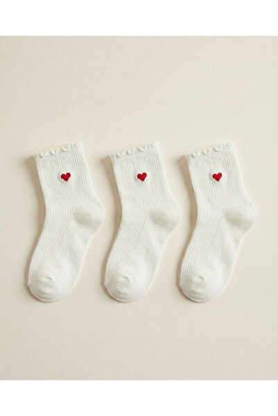 DRAV 3'lü Fırfır Detaylı Kadın Çorabı - Kalp Desenli