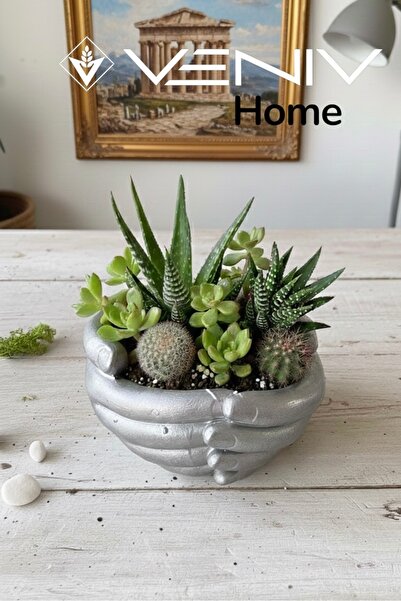 VENİV Dekoratif Beton Saksı El Yapımı Nostalji Eskitme - Gümüş - 20 cm