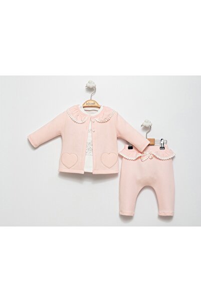 Bebezade 3 Piece Set with Heart Embroidery Detailed Cardigan