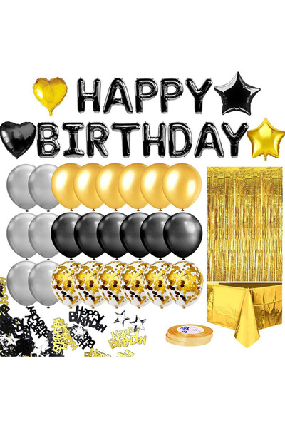 Generic Black Gold Happy Birthday Balloon Aluminum Foil Banner,Fringe Curtain, Tablecloth and Ribbon
