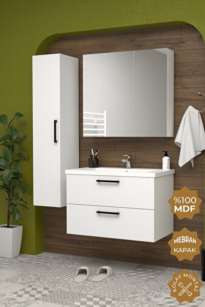 TETA HOME Havana 65 cm MDF Gövde Membran Kapak Banyo Dolabı Seti + Boy Dolabı
